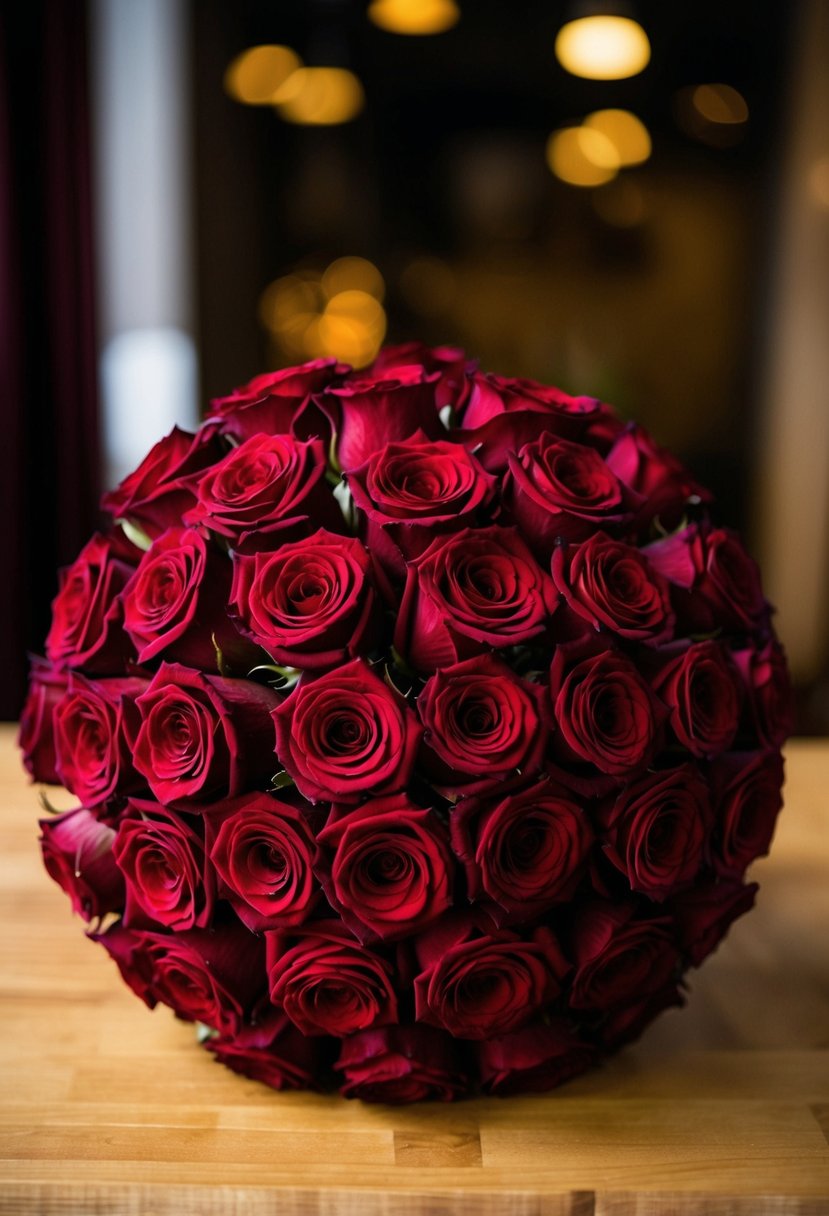 A lavish arrangement of deep red roses in a maroon wedding bouquet