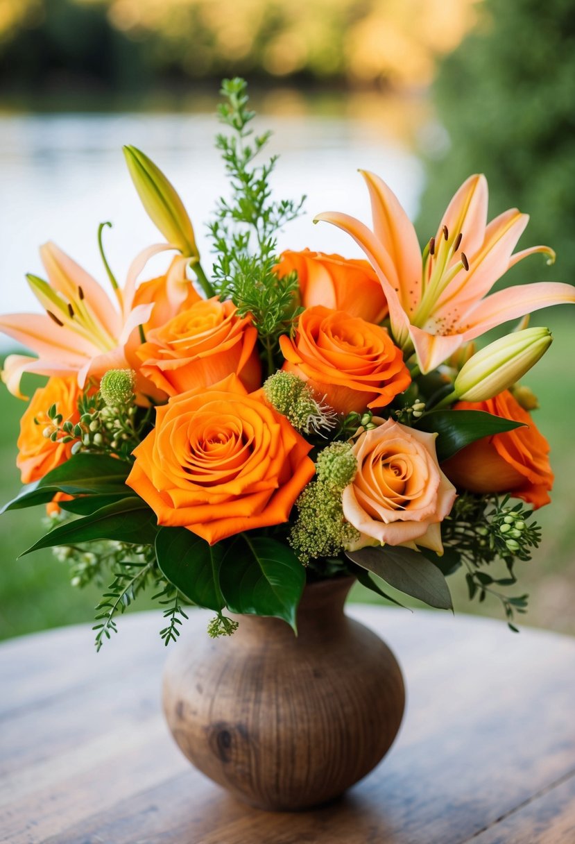 A vibrant orange wedding bouquet with roses, lilies, and greenery, arranged in a rustic wooden vase