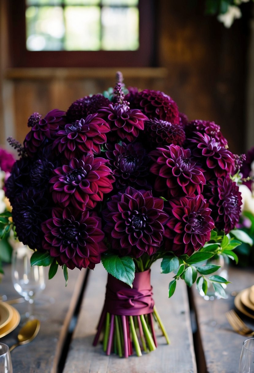 A lush bouquet of dark wine-colored dahlias arranged in a rustic, maroon-themed wedding setting