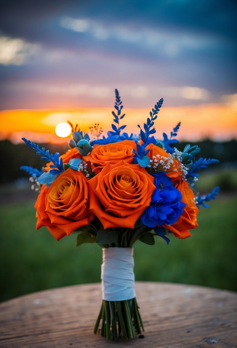 A burnt orange and blue accented wedding bouquet sits against a backdrop of a vibrant sunset