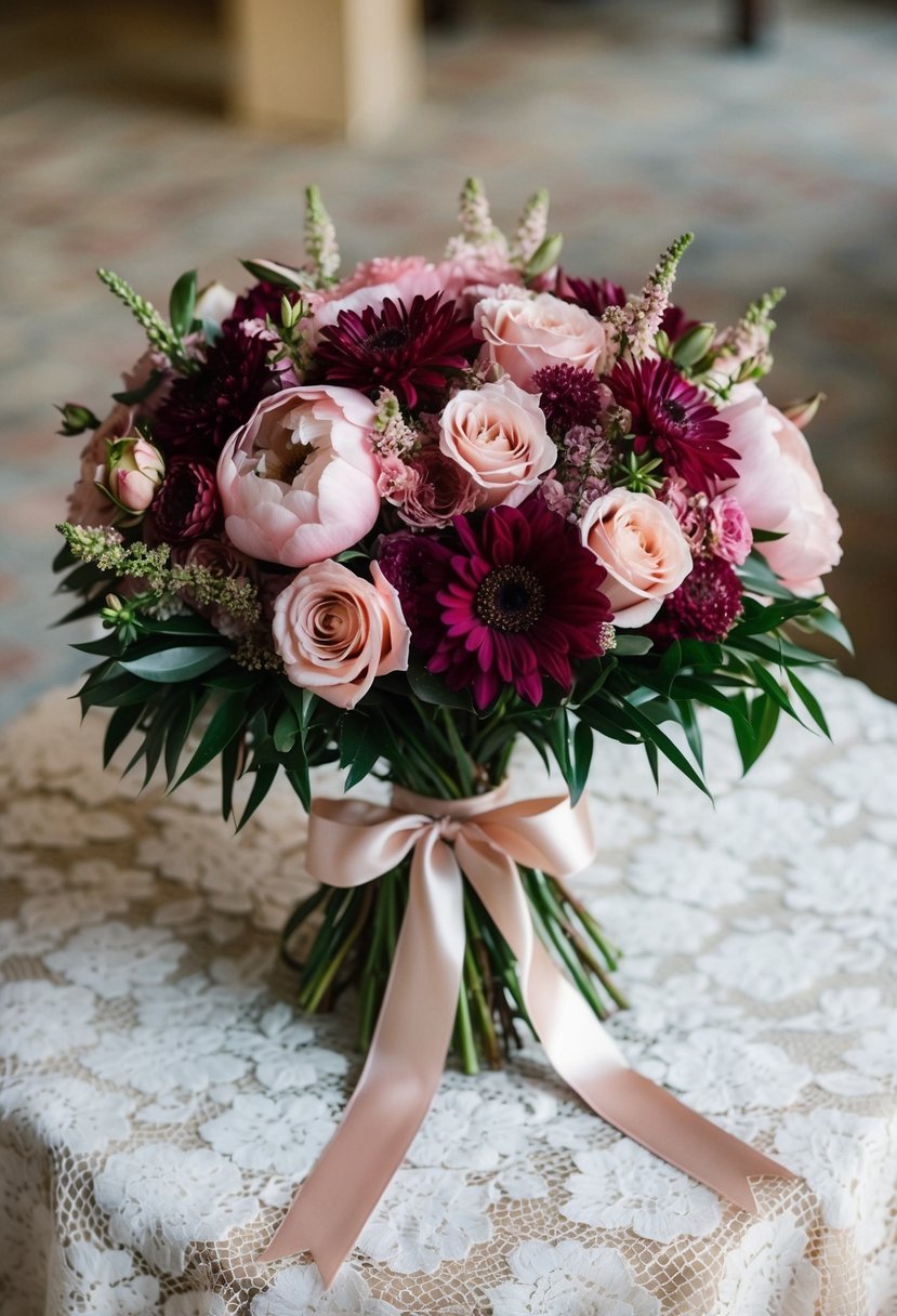 A lush bouquet of blush pink and burgundy flowers, tied with a satin ribbon, sits atop a vintage lace tablecloth