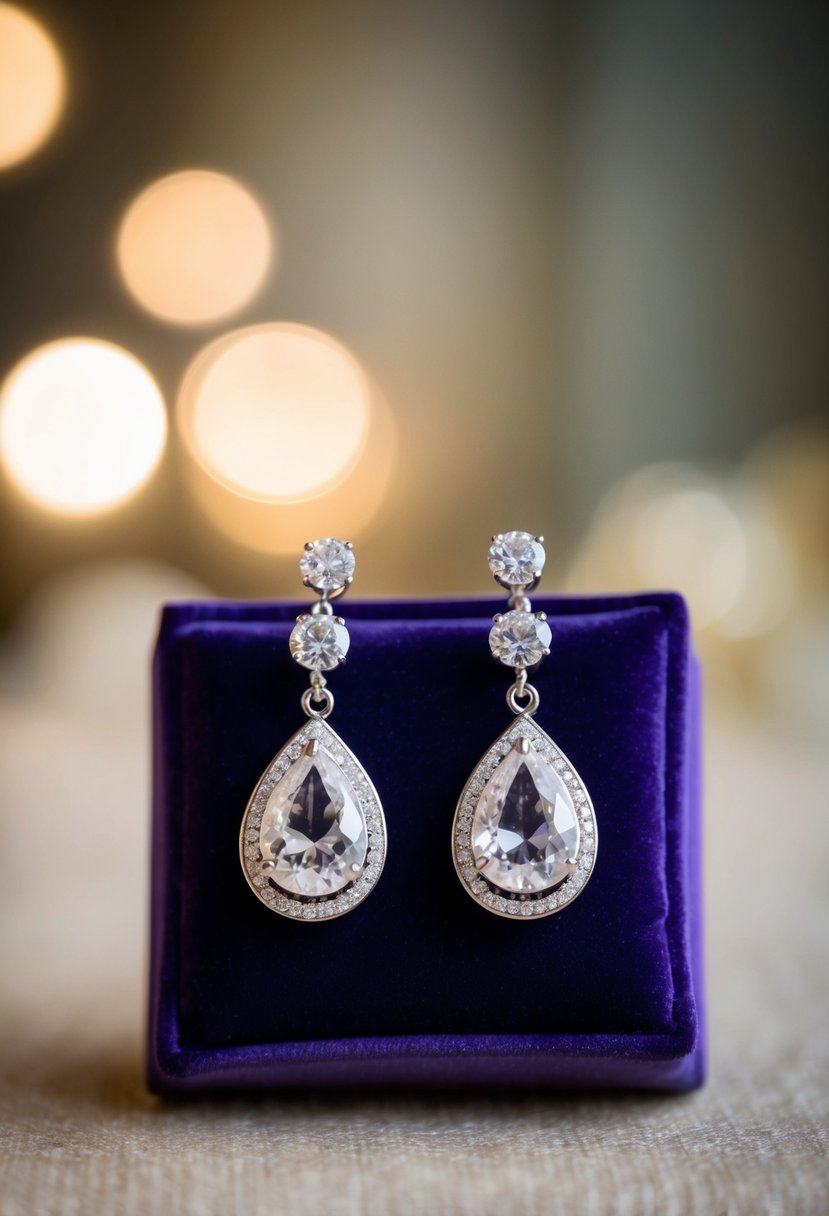 A pair of delicate teardrop wedding earrings displayed on a velvet cushion with soft lighting highlighting their intricate design