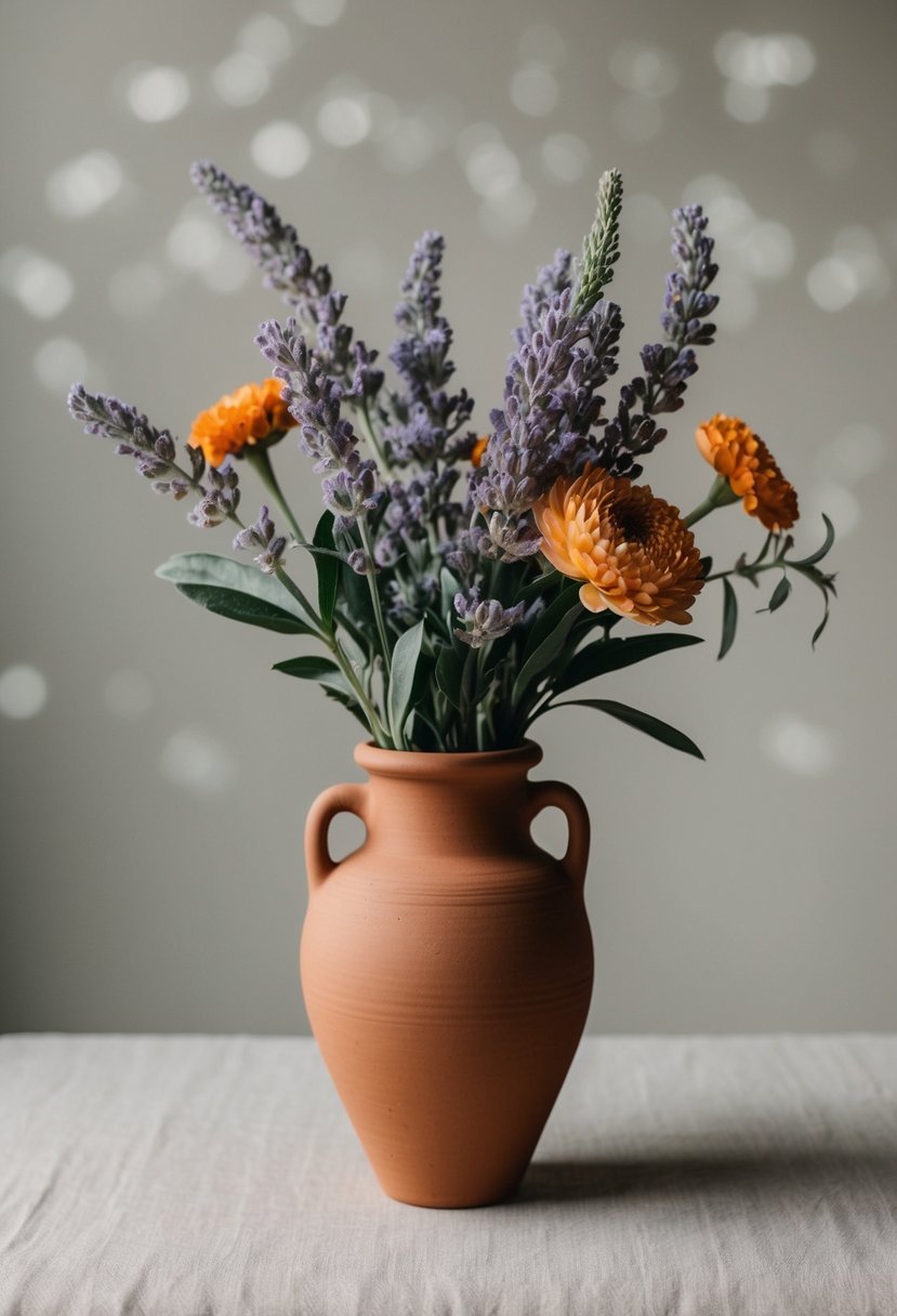 A terracotta vase holds a bouquet of dusty lavender and orange flowers, set against a neutral background