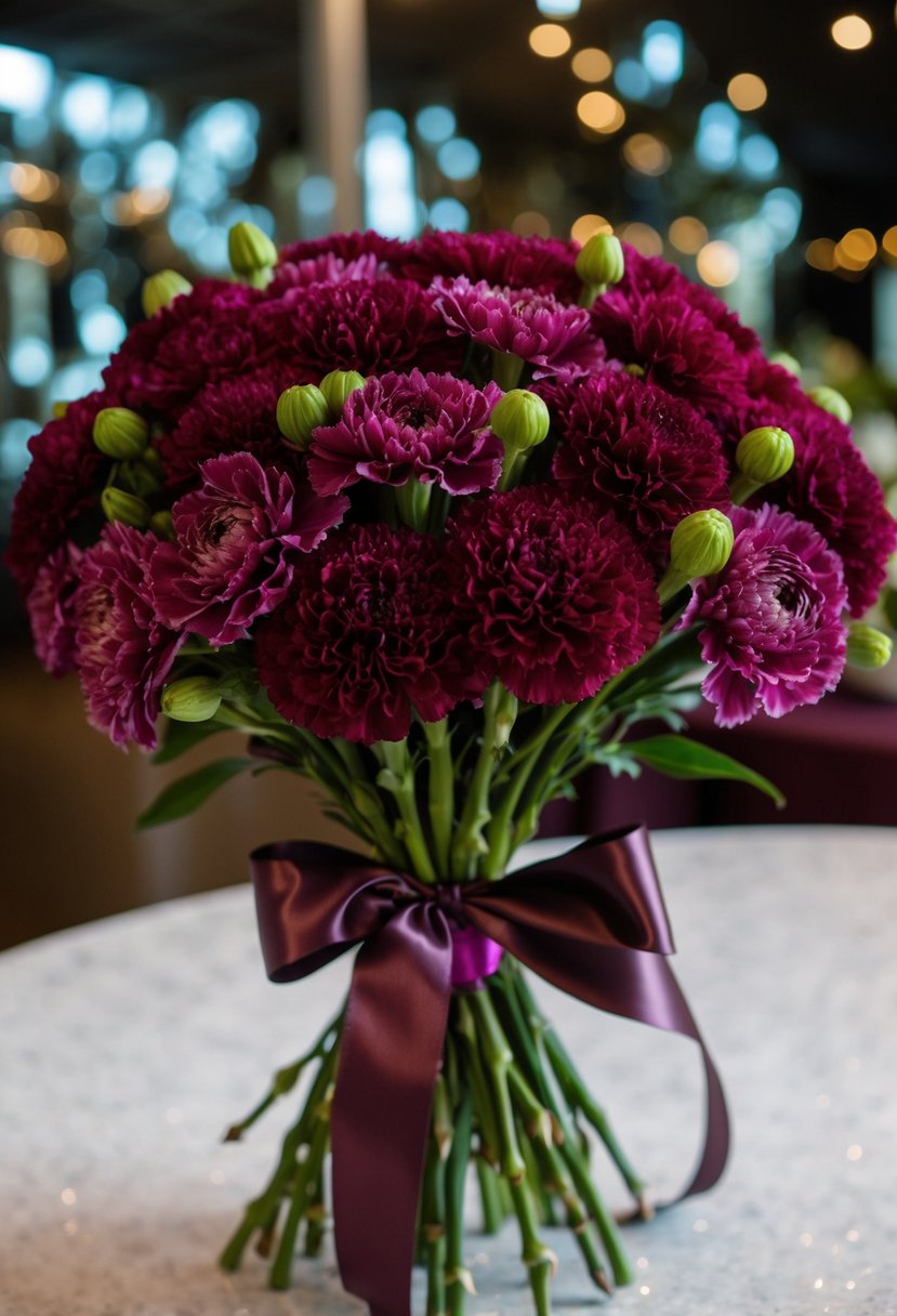 A lush bouquet of maroon carnations and ranunculus, tied with a satin ribbon