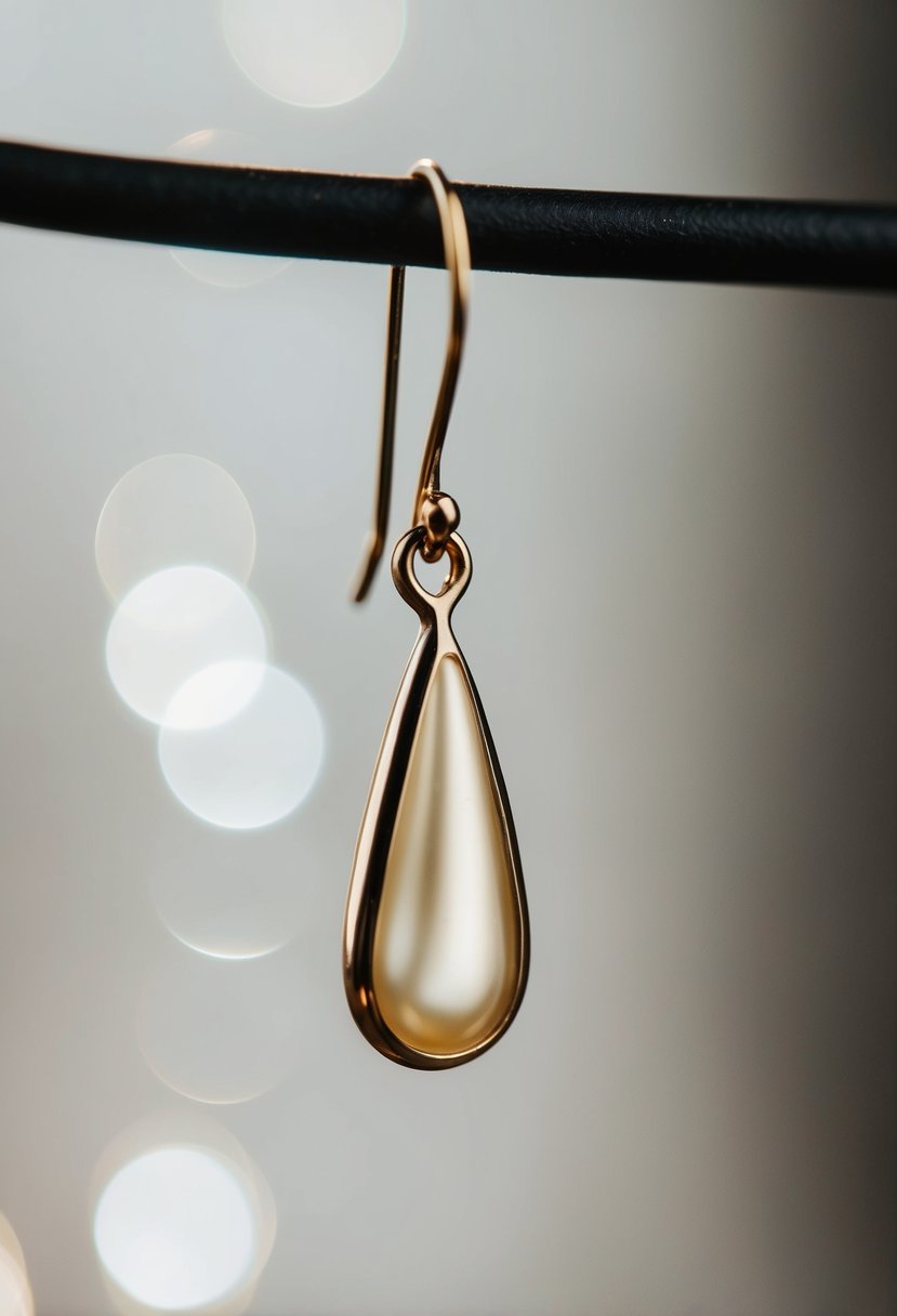 A delicate gold teardrop earring suspended from a slender hook, catching the light with a subtle shimmer