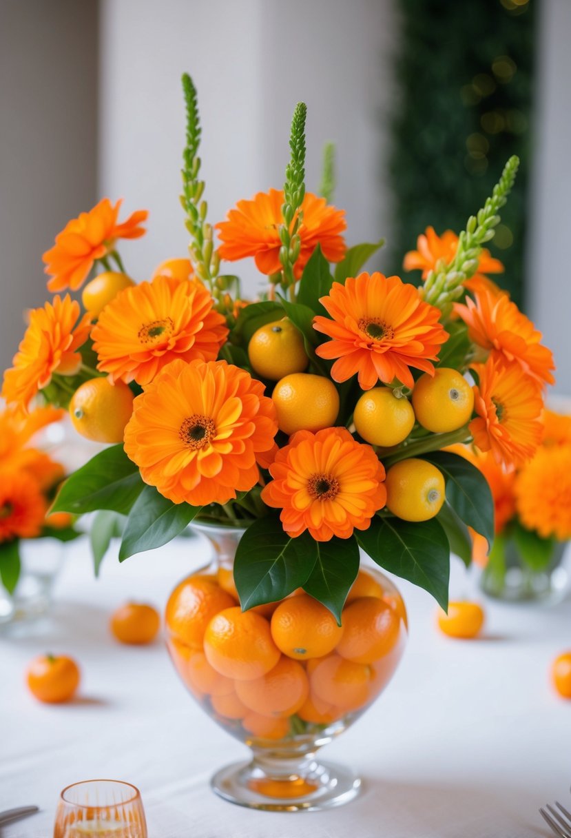 A vibrant bouquet of bright orange and kumquat flowers arranged in a glass vase as a centerpiece on a white linen tablecloth