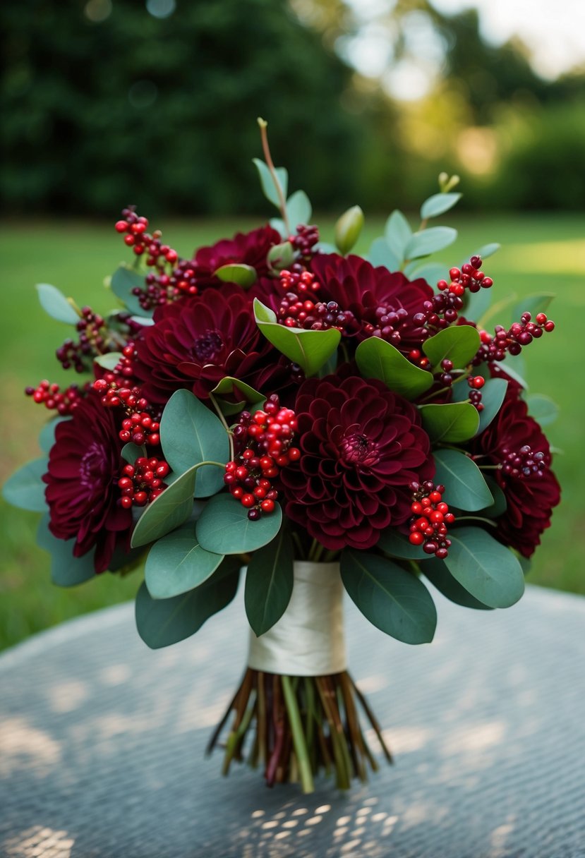 A lush maroon wedding bouquet featuring hypericum berries as accents