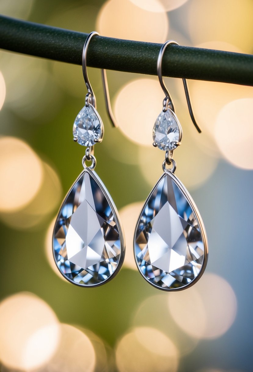 A pair of teardrop-shaped wedding earrings suspended from a delicate hook, reflecting light and elegance