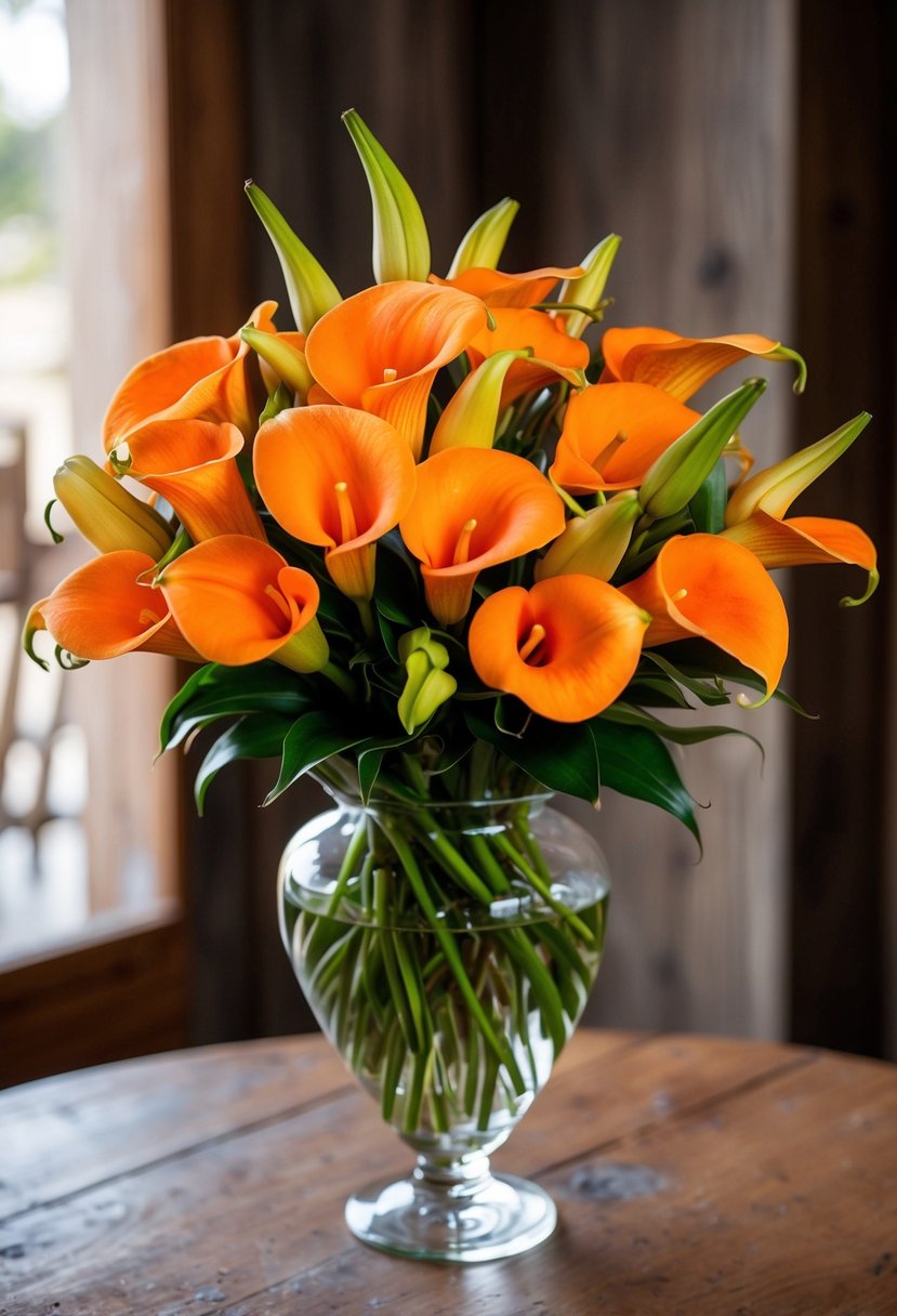 A vibrant bouquet of orange alstroemeria and calla lilies arranged in a glass vase on a rustic wooden table