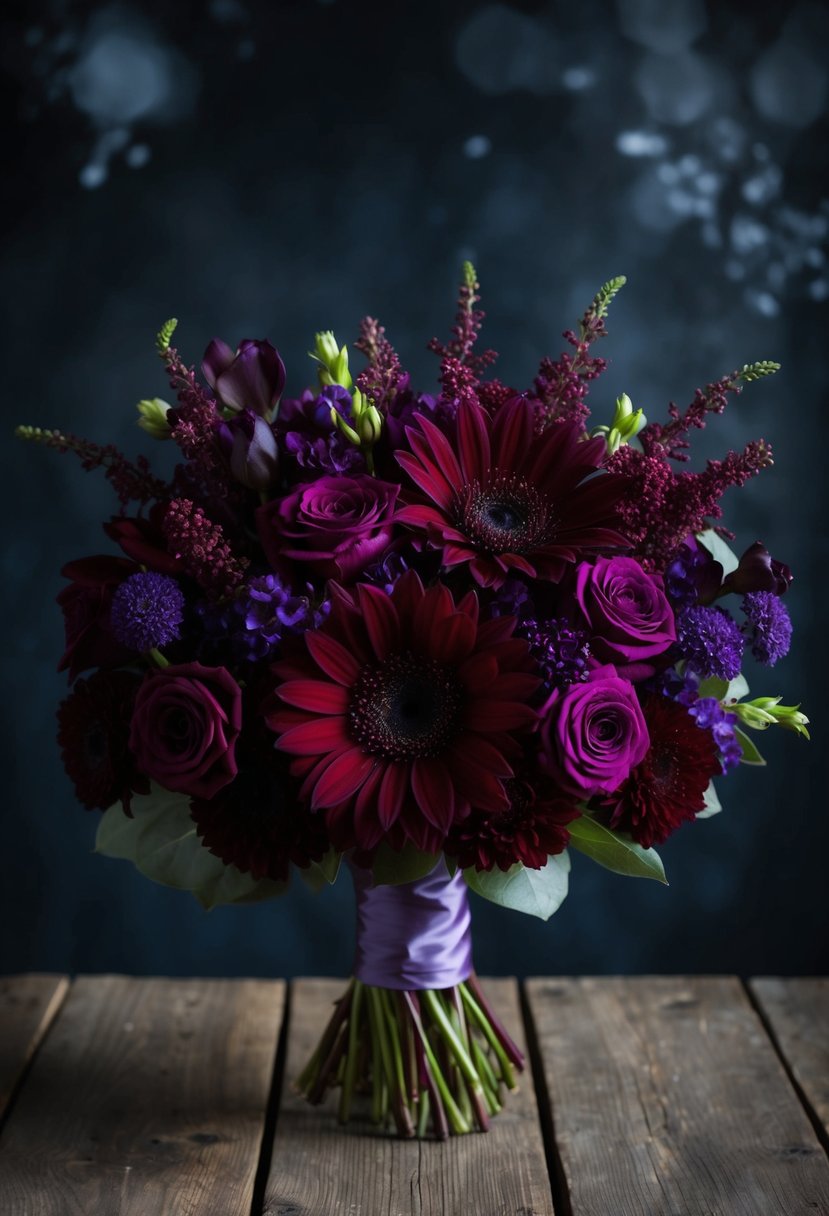 Rich burgundy and deep purple flowers arranged in a dramatic bouquet, set against a dark, moody background