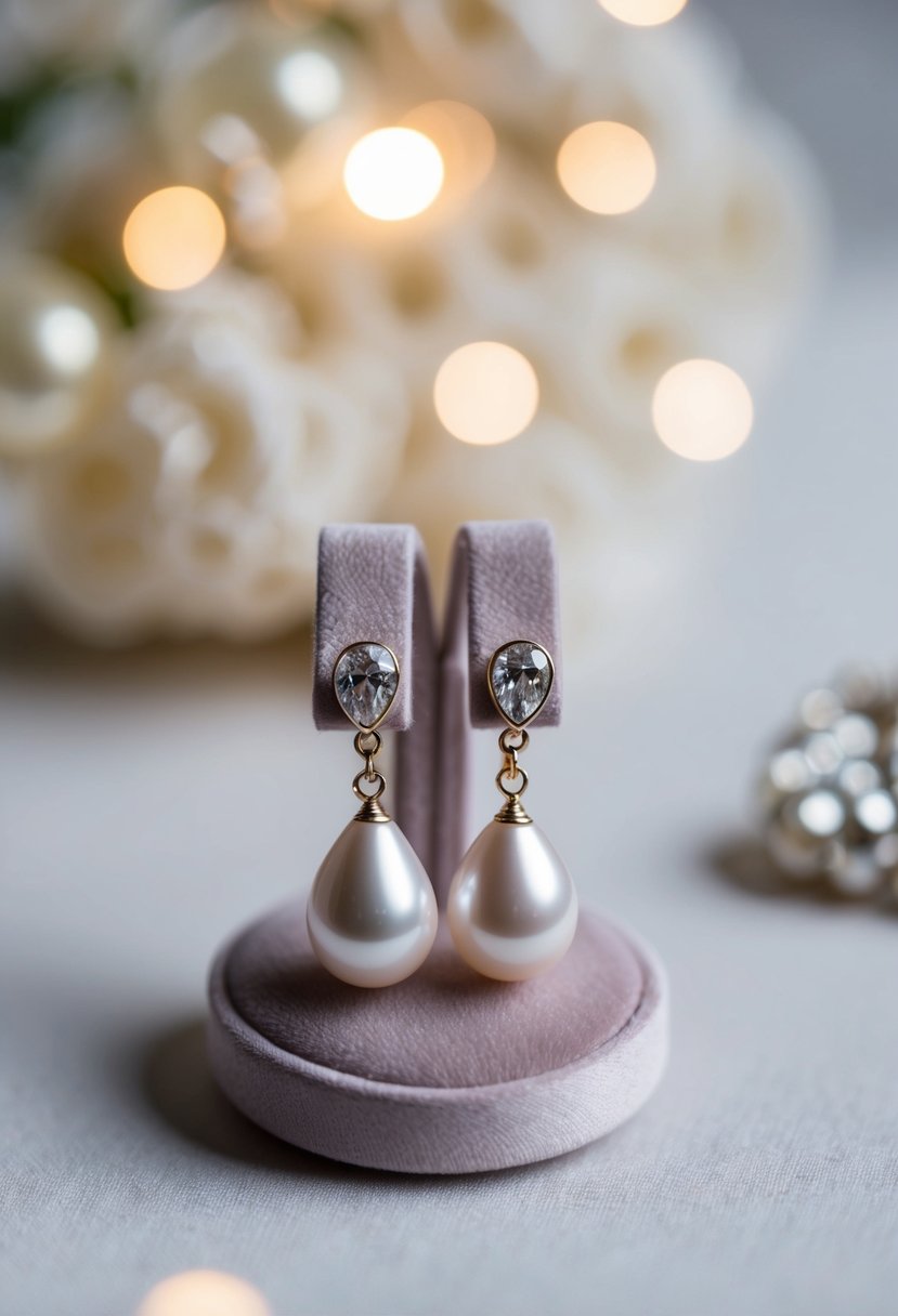 A delicate pair of teardrop pearl earrings displayed on a velvet cushion with soft, romantic lighting