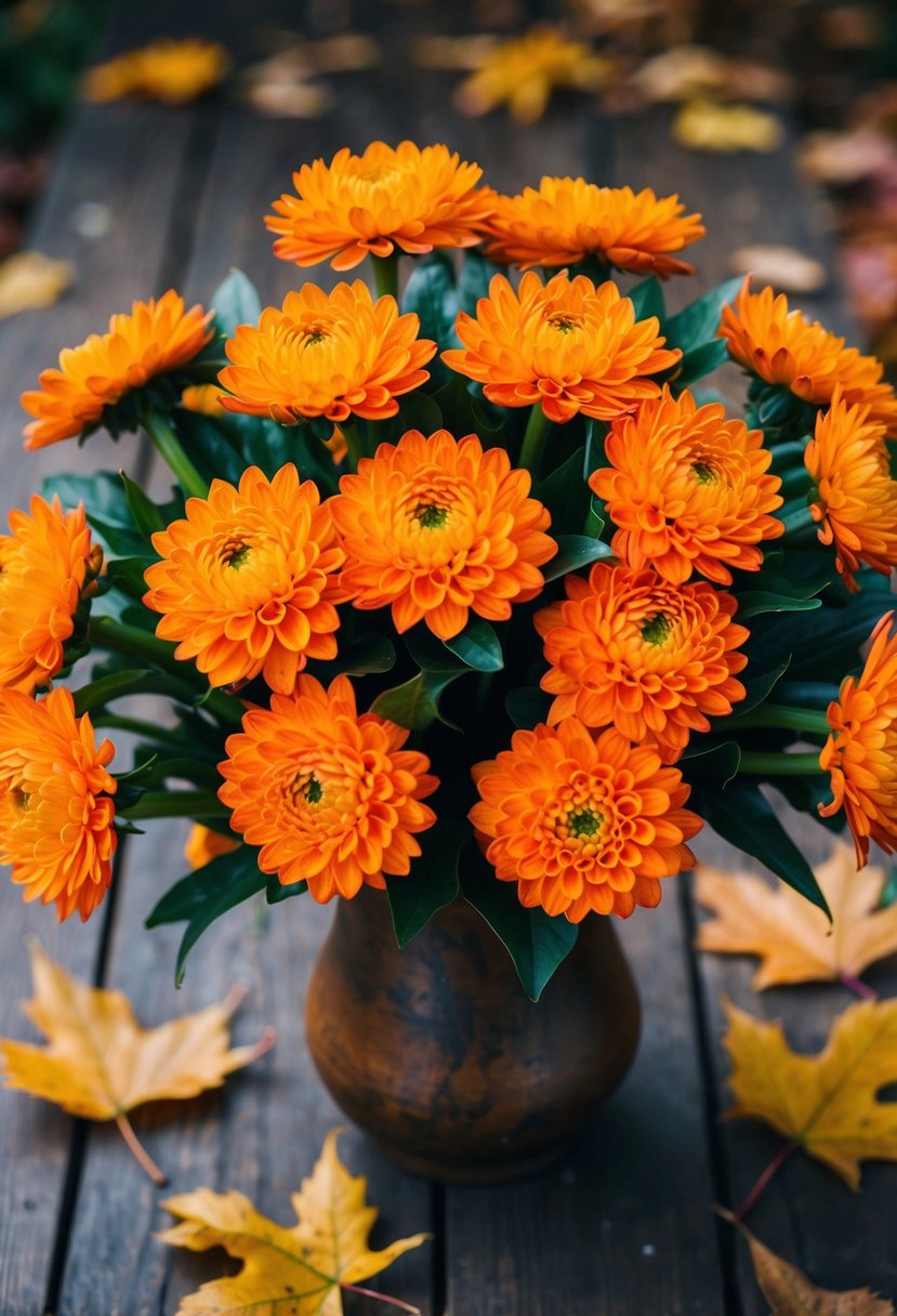 A vibrant bouquet of autumnal orange chrysanthemums arranged in a rustic vase on a wooden table, surrounded by fallen leaves