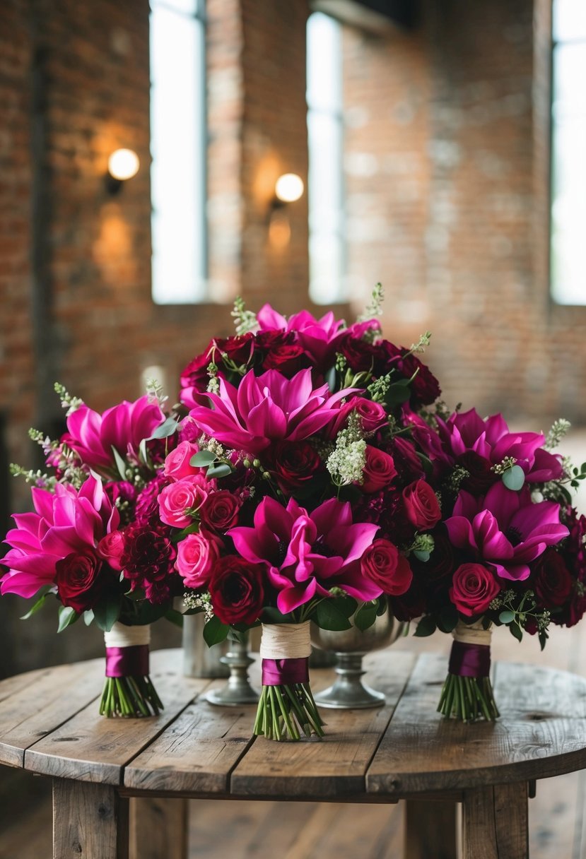 A fuchsia highlighted arrangement of maroon wedding bouquets displayed on a rustic wooden table