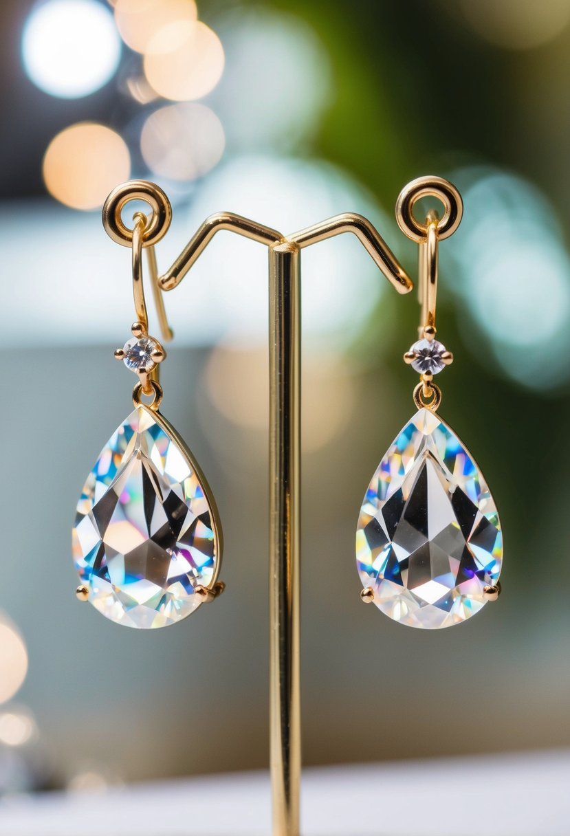 A pair of custom teardrop earrings hanging delicately from a display stand, catching the light with their sparkling crystals