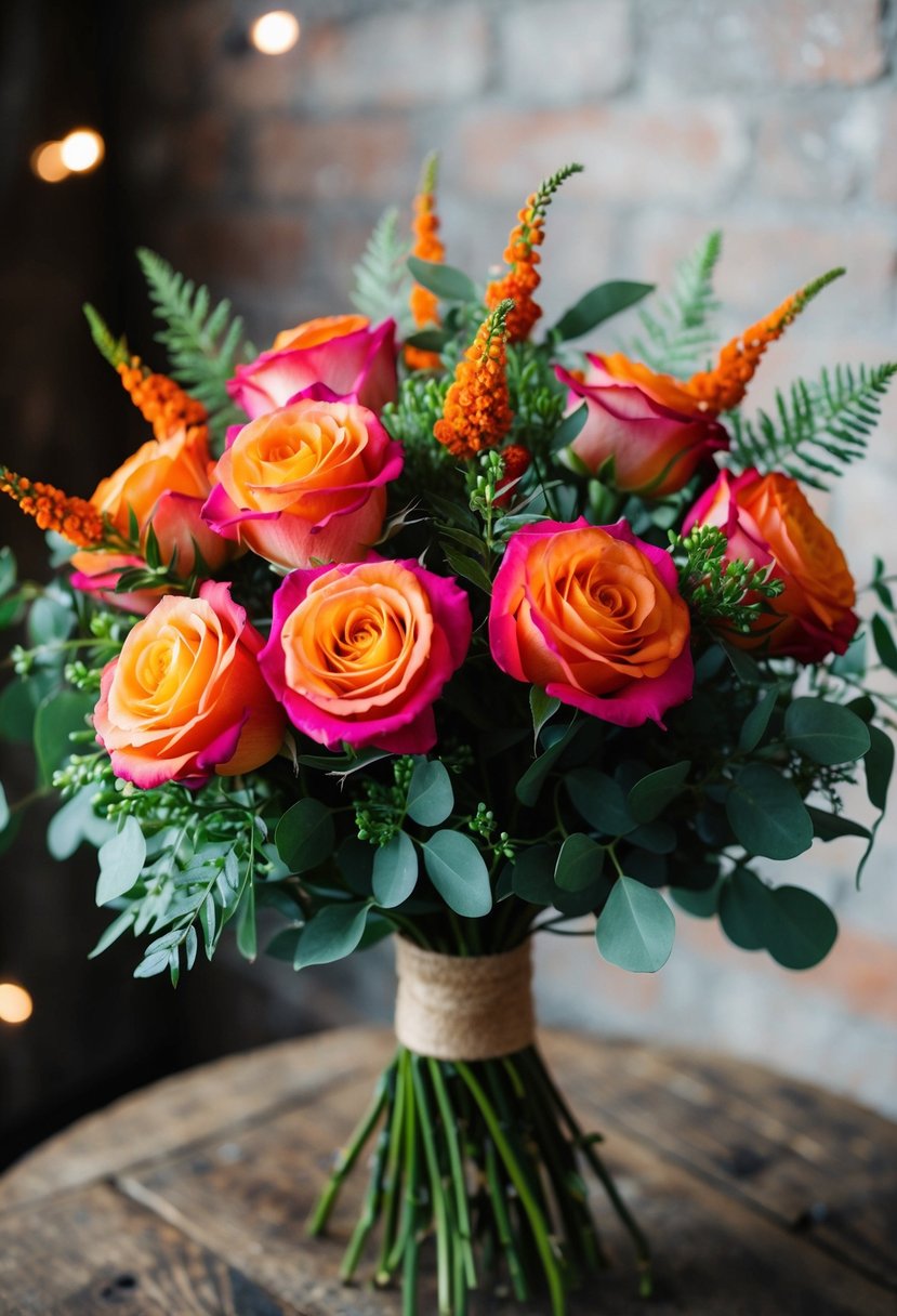 A vibrant bouquet of circus roses and greenery, accented with orange hues, arranged in a rustic, natural style