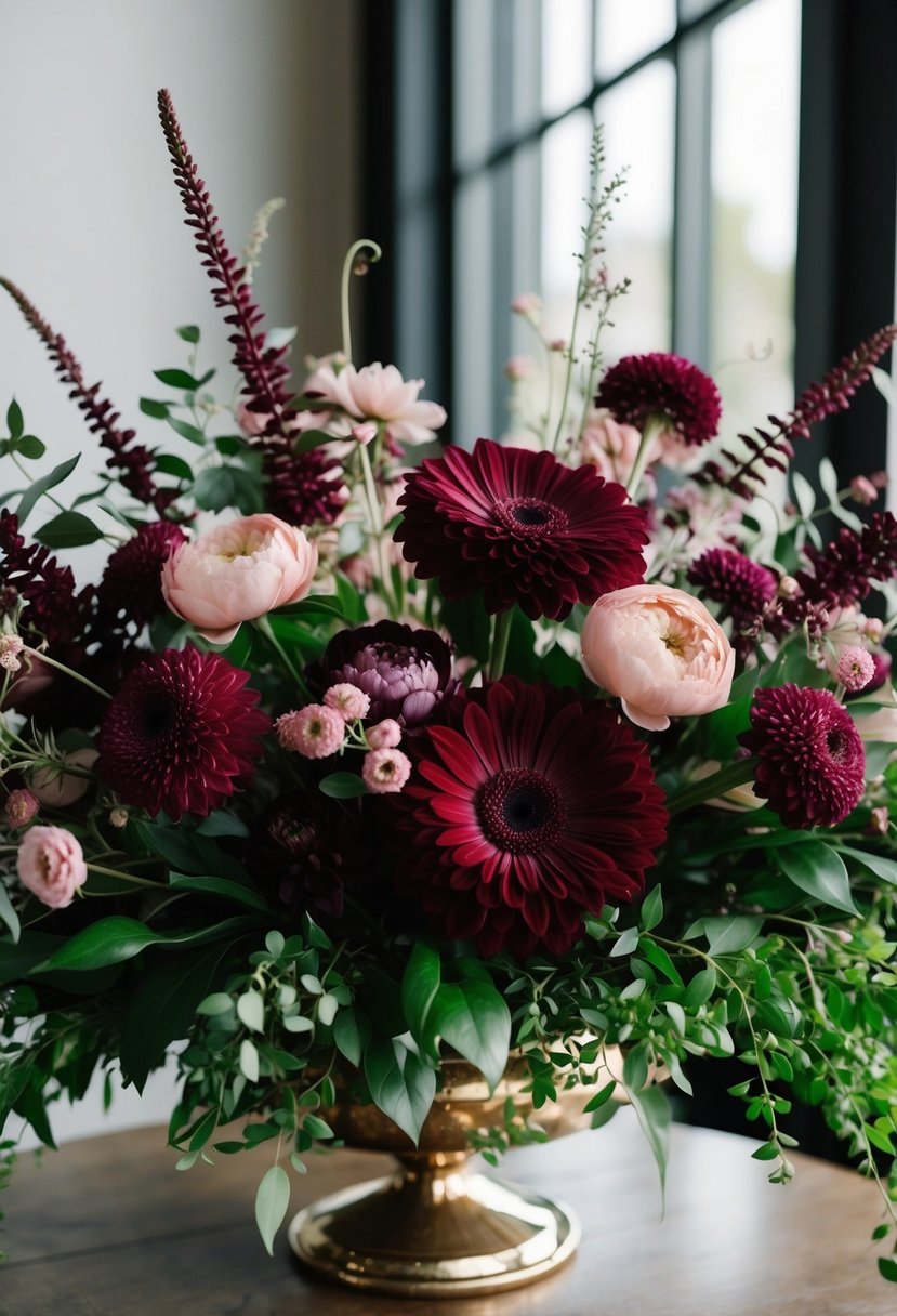 A lush bouquet of burgundy and blush pink flowers arranged in a harmonious display, with greenery and delicate accents