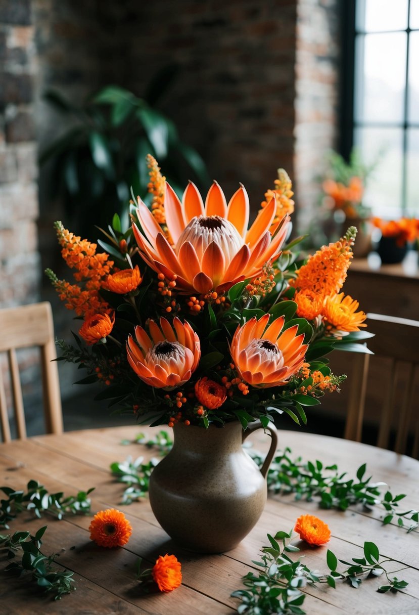 A vibrant burnt orange protea arrangement sits in a rustic vase on a wooden table, surrounded by scattered greenery and smaller orange blooms