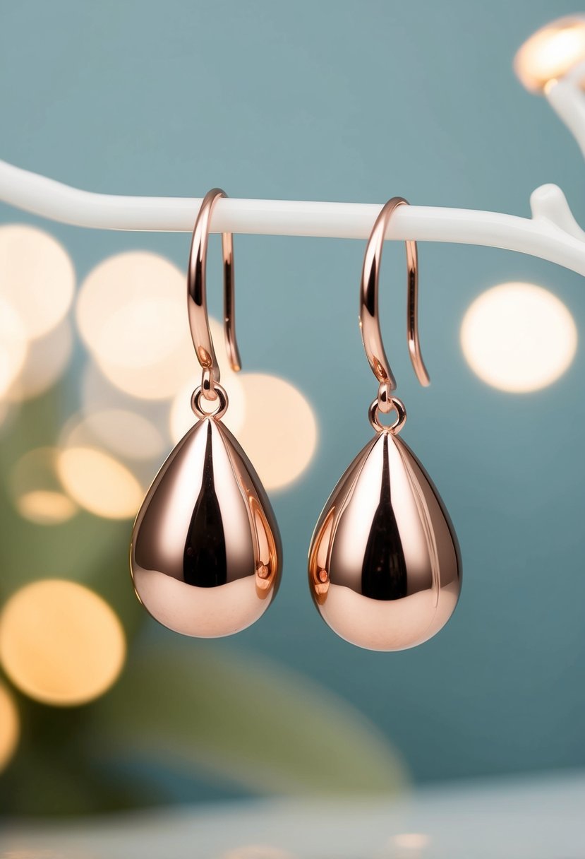 Rose Gold Teardrop Dangle Earrings hanging from a delicate earring stand with soft lighting highlighting their elegant design