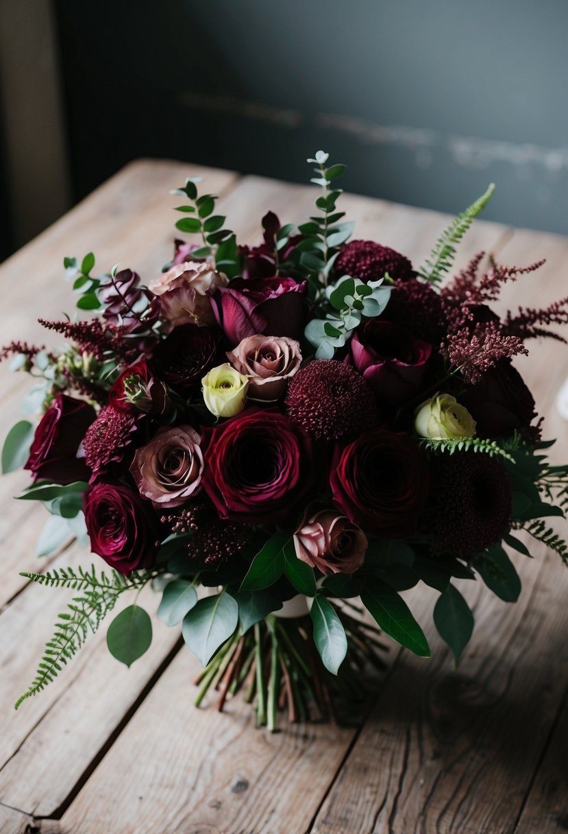 A lush bouquet of deep burgundy and dusty rose flowers, accented with greenery, sits on a rustic wooden table