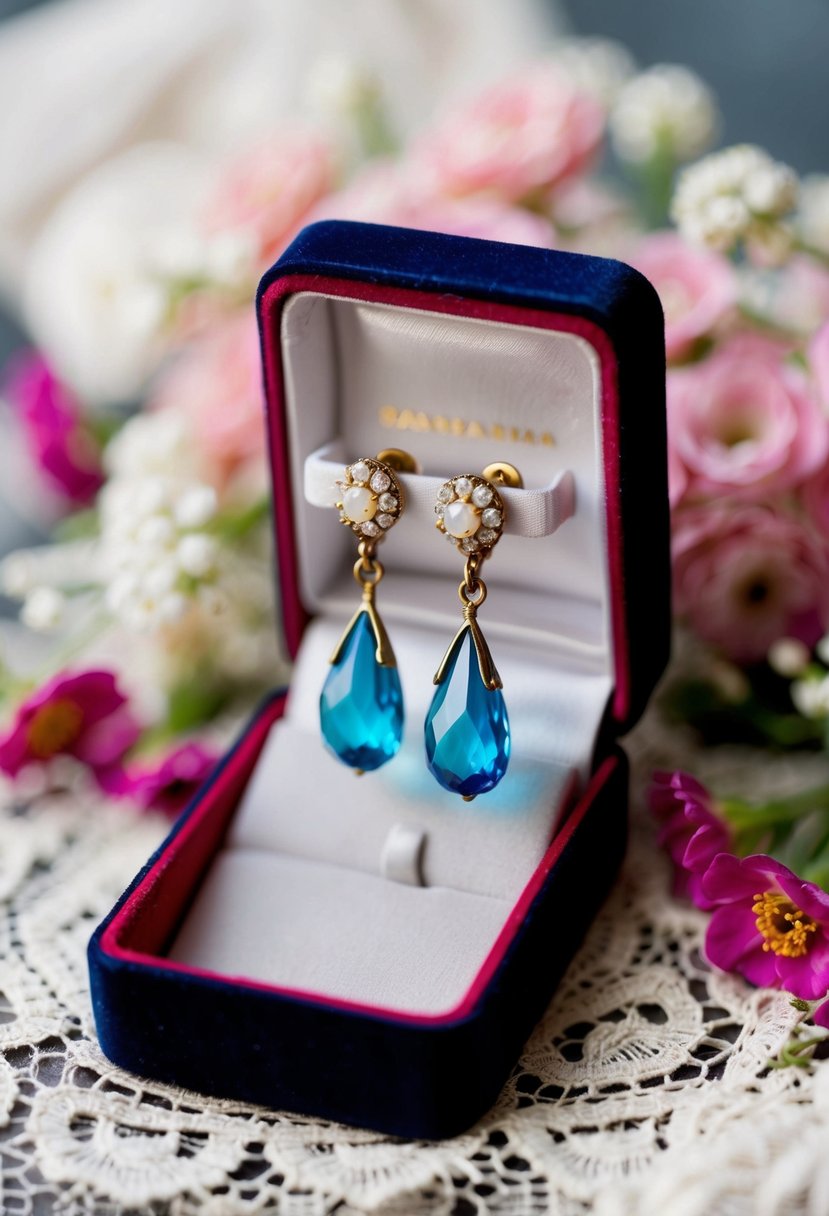 A vintage teardrop earring dangles from a velvet jewelry box, surrounded by delicate lace and floral accents