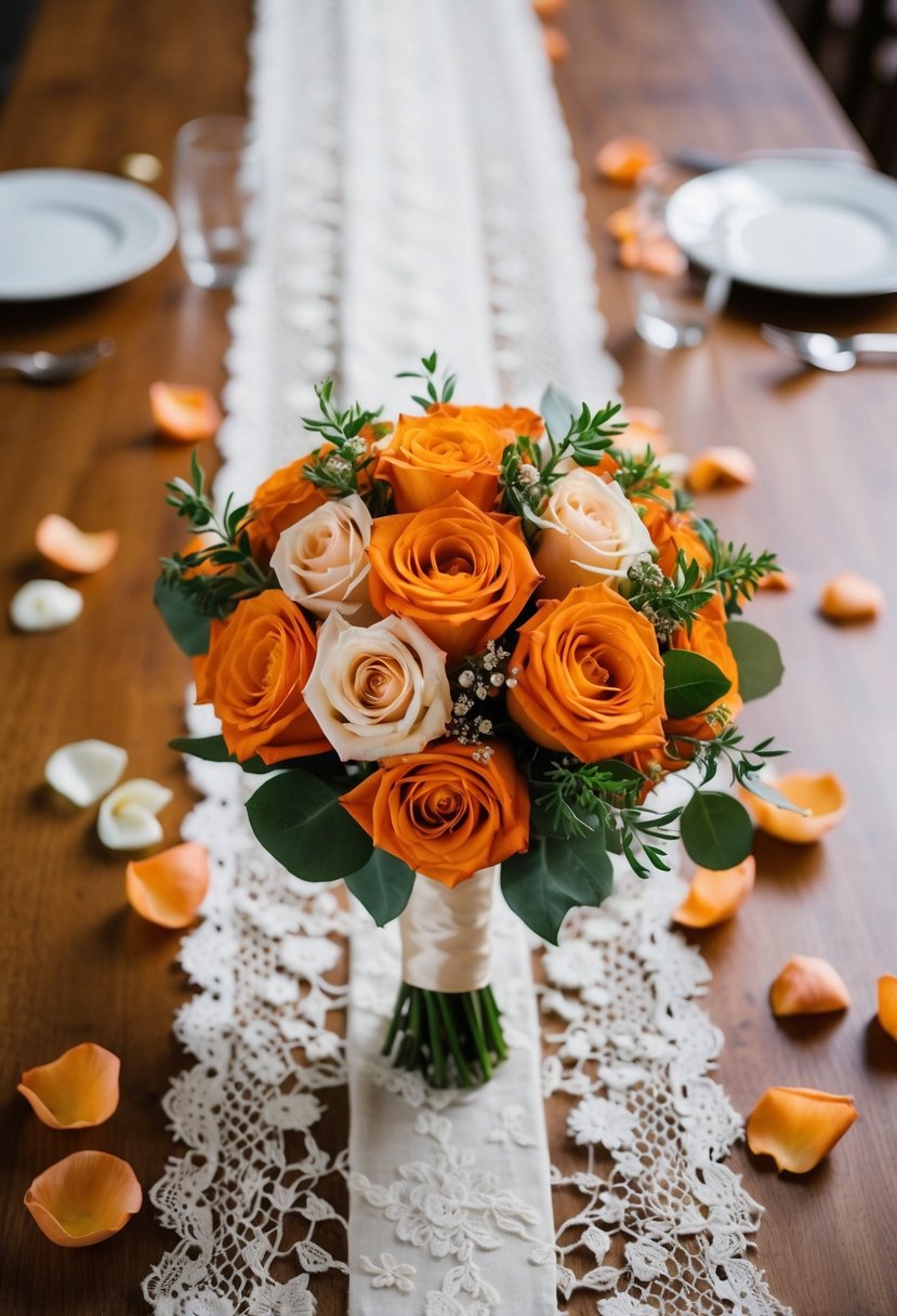 A vintage orange bridal bouquet sits on a lace table runner, surrounded by scattered rose petals