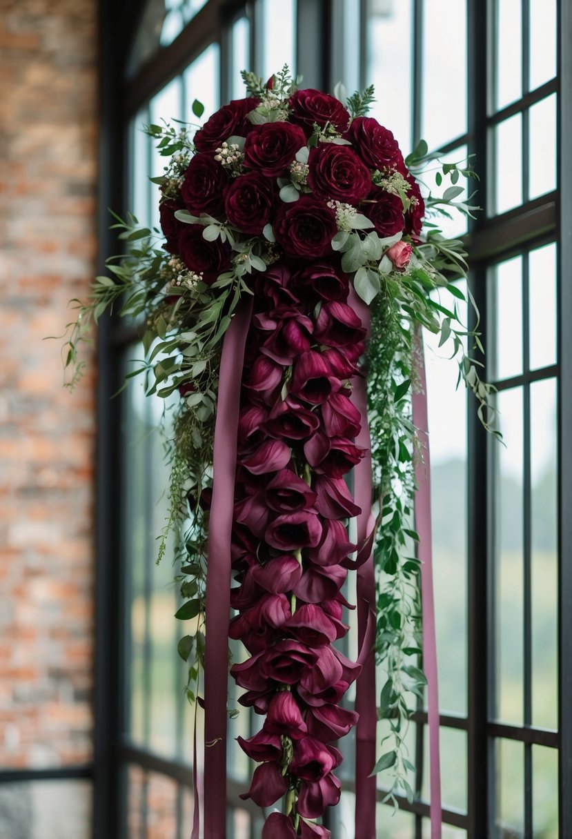 A cascading maroon silk flower bouquet with greenery and ribbon accents