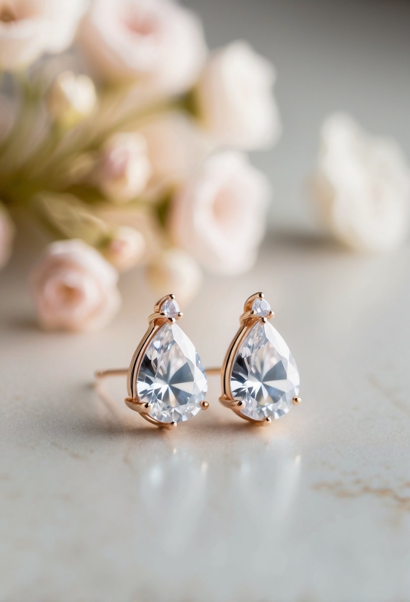 A pair of teardrop-shaped cubic zirconia earrings set against a soft, romantic background, with delicate floral accents adding a touch of elegance