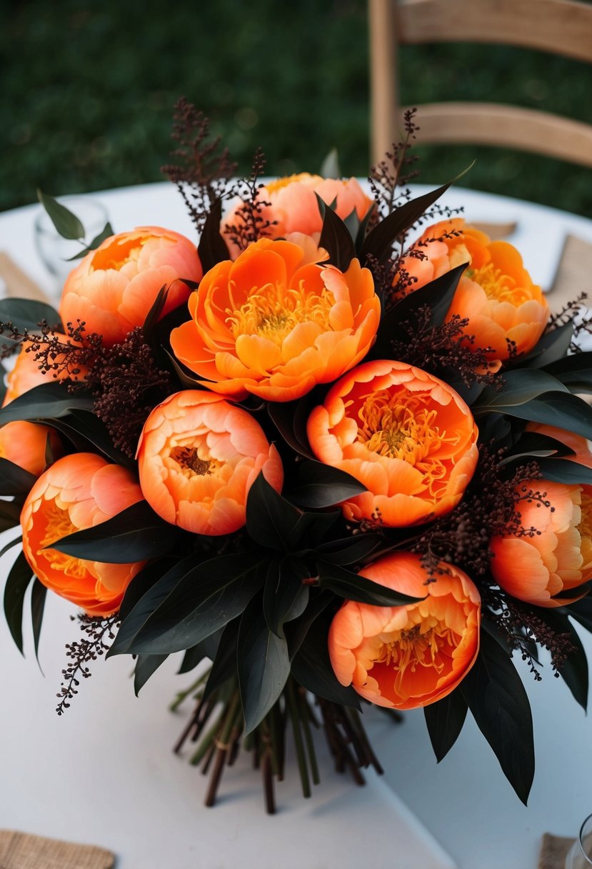 A vibrant orange peony bouquet with dark leaves, arranged in a cascading style for a stunning wedding centerpiece