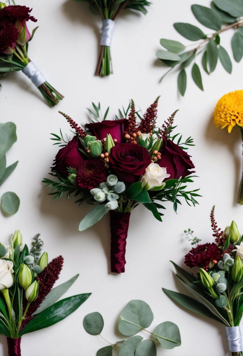 A maroon boutonniere surrounded by various floral and greenery options, displayed on a clean, white background