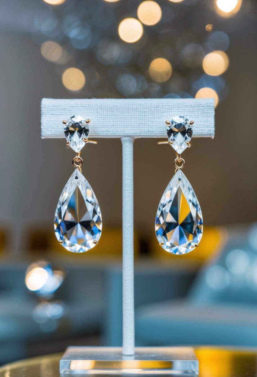 A pair of sparkling teardrop crystal earrings, hanging from a delicate display stand, catching the light and casting shimmering reflections around the room