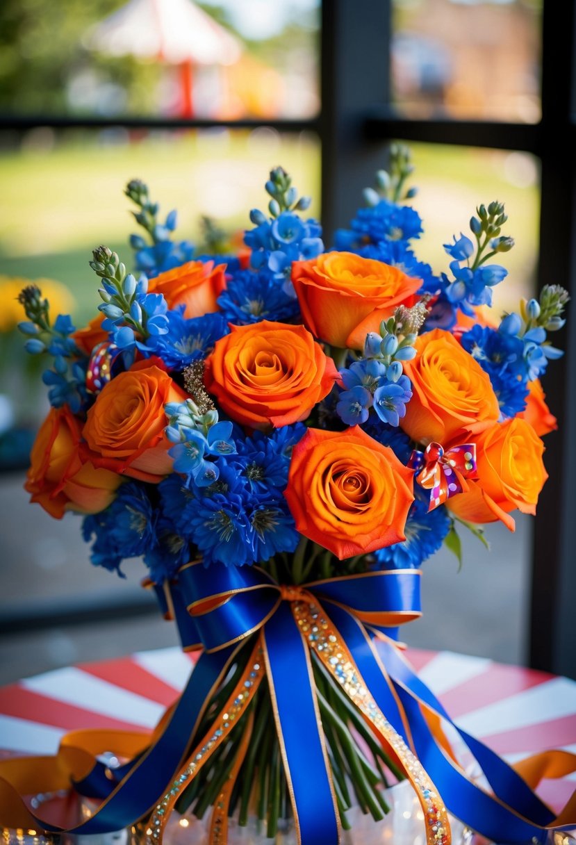 A vibrant bouquet of orange roses and blue delphiniums, accented with circus-themed ribbons and sparkly details