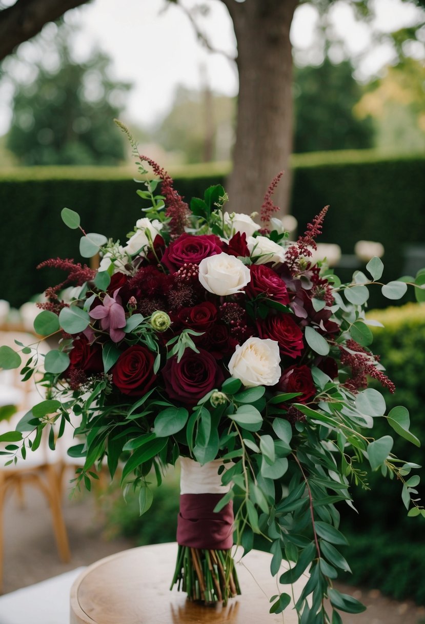 A rich, romantic burgundy wedding bouquet with cascading greenery and elegant blooms