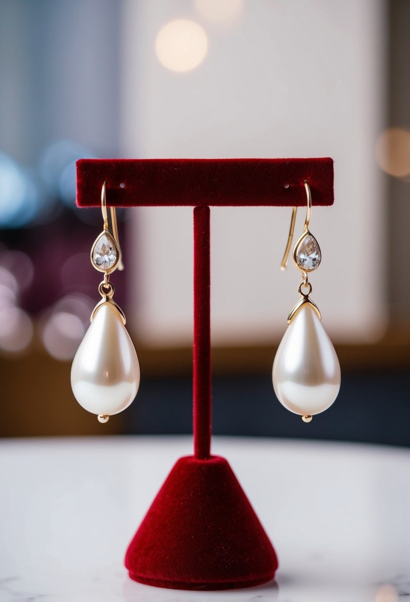 A pair of ivory teardrop pearl earrings displayed on a velvet jewelry stand