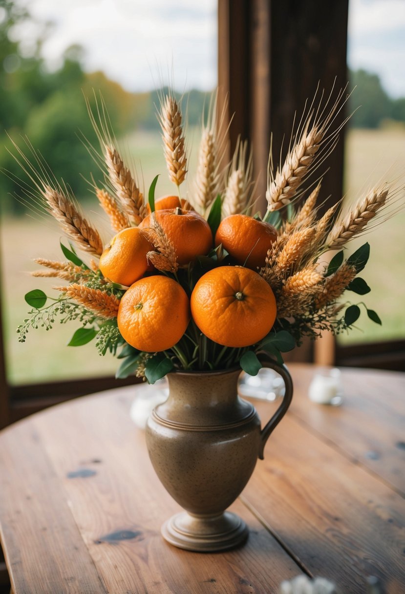 A rustic orange and wheat wedding bouquet arranged in a vintage vase on a wooden table with soft natural lighting