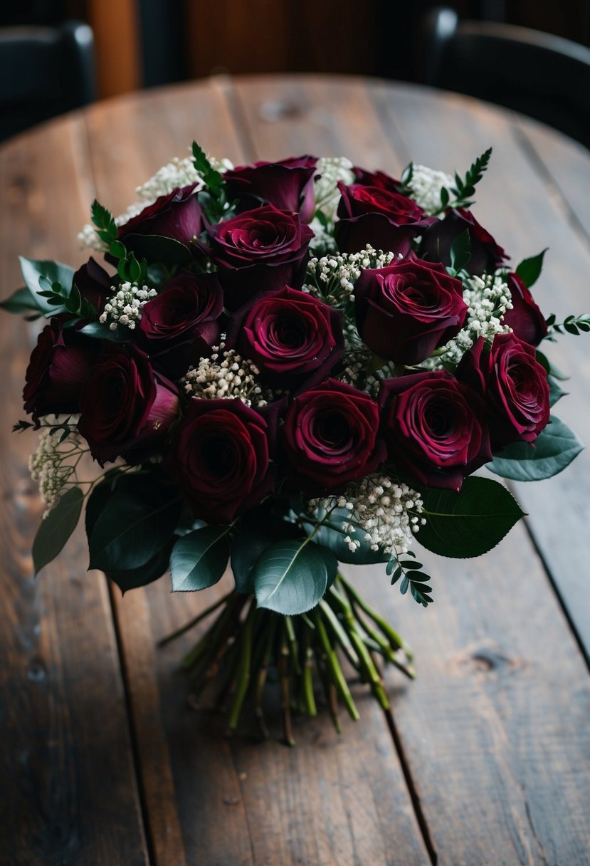 A bouquet of deep maroon roses, accented with dark green foliage and delicate white baby's breath, sits atop a rustic wooden table