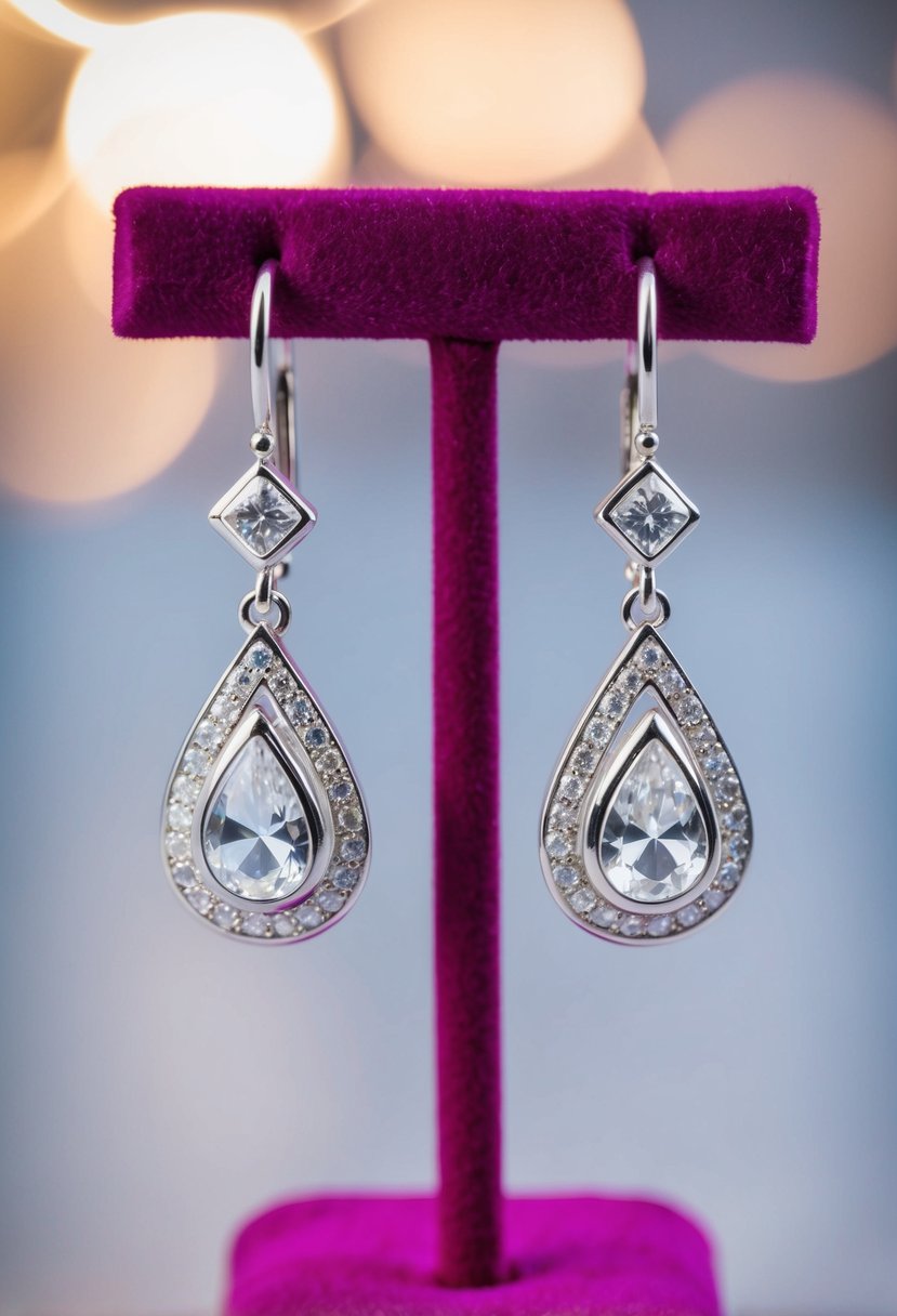 A pair of delicate teardrop earrings crafted from silver and adorned with sparkling gemstones, displayed on a velvet-lined jewelry stand