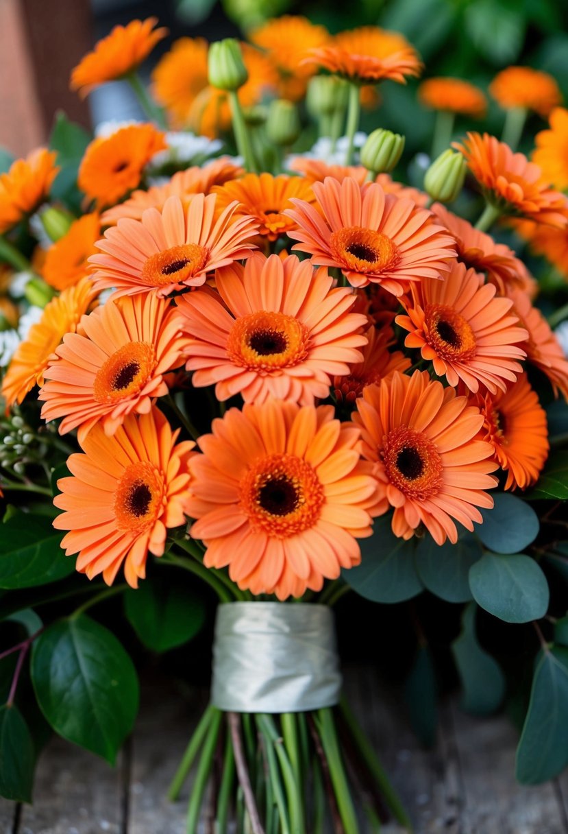 A vibrant bunch of orange Gerbera daisies arranged in a wedding bouquet