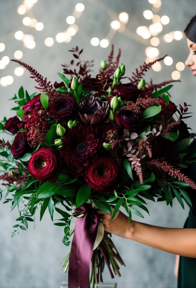 A lush bouquet of deep burgundy flowers and rich greenery, tied with a satin ribbon