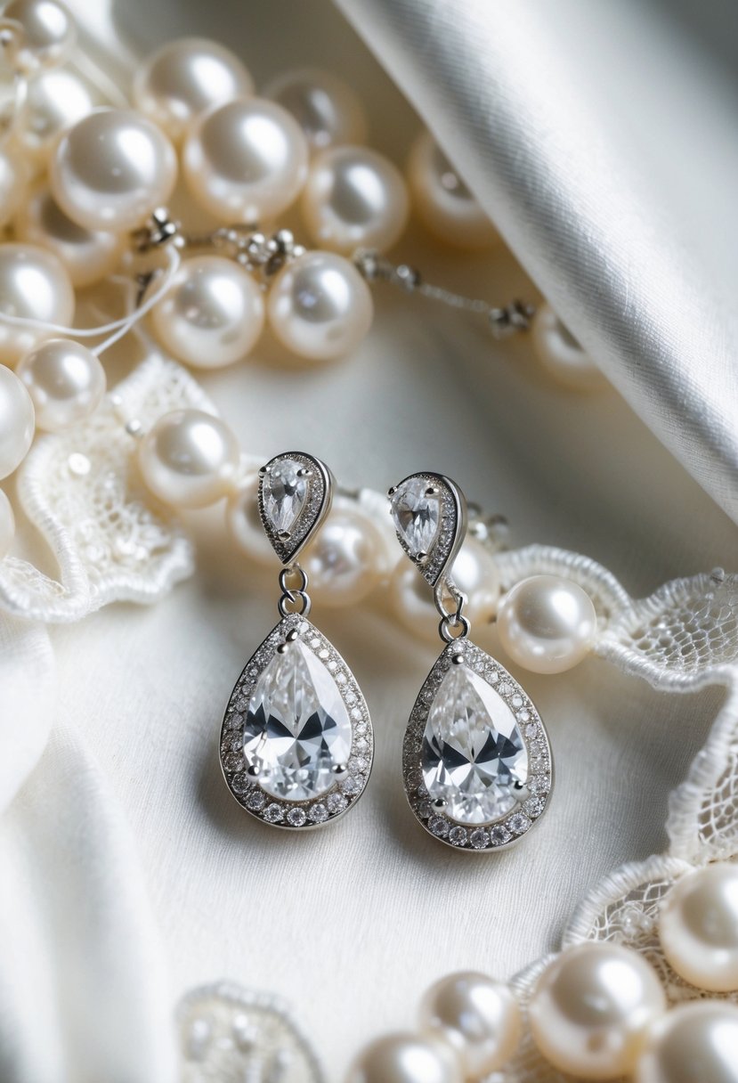 A sparkling teardrop bridal earring set against a white satin background, surrounded by delicate lace and shimmering pearls