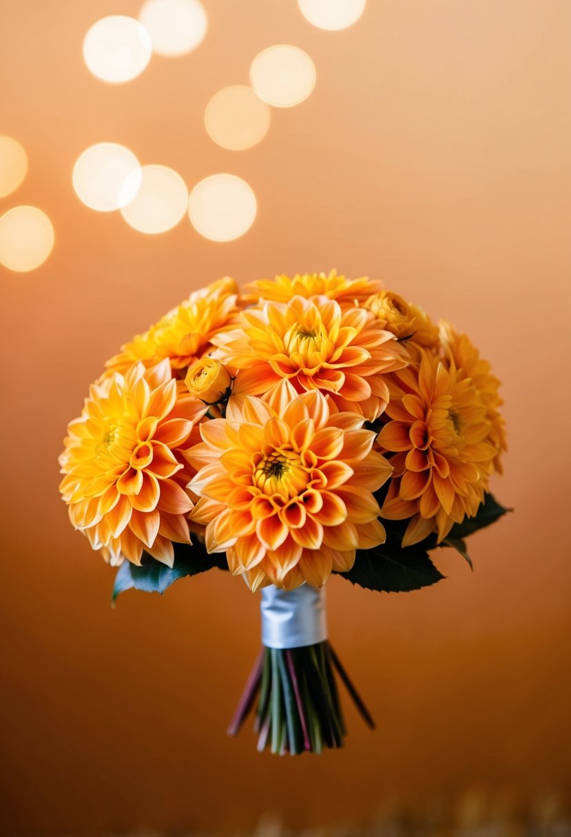 A warm gradient background with a vibrant dahlia orange wedding bouquet as the focal point