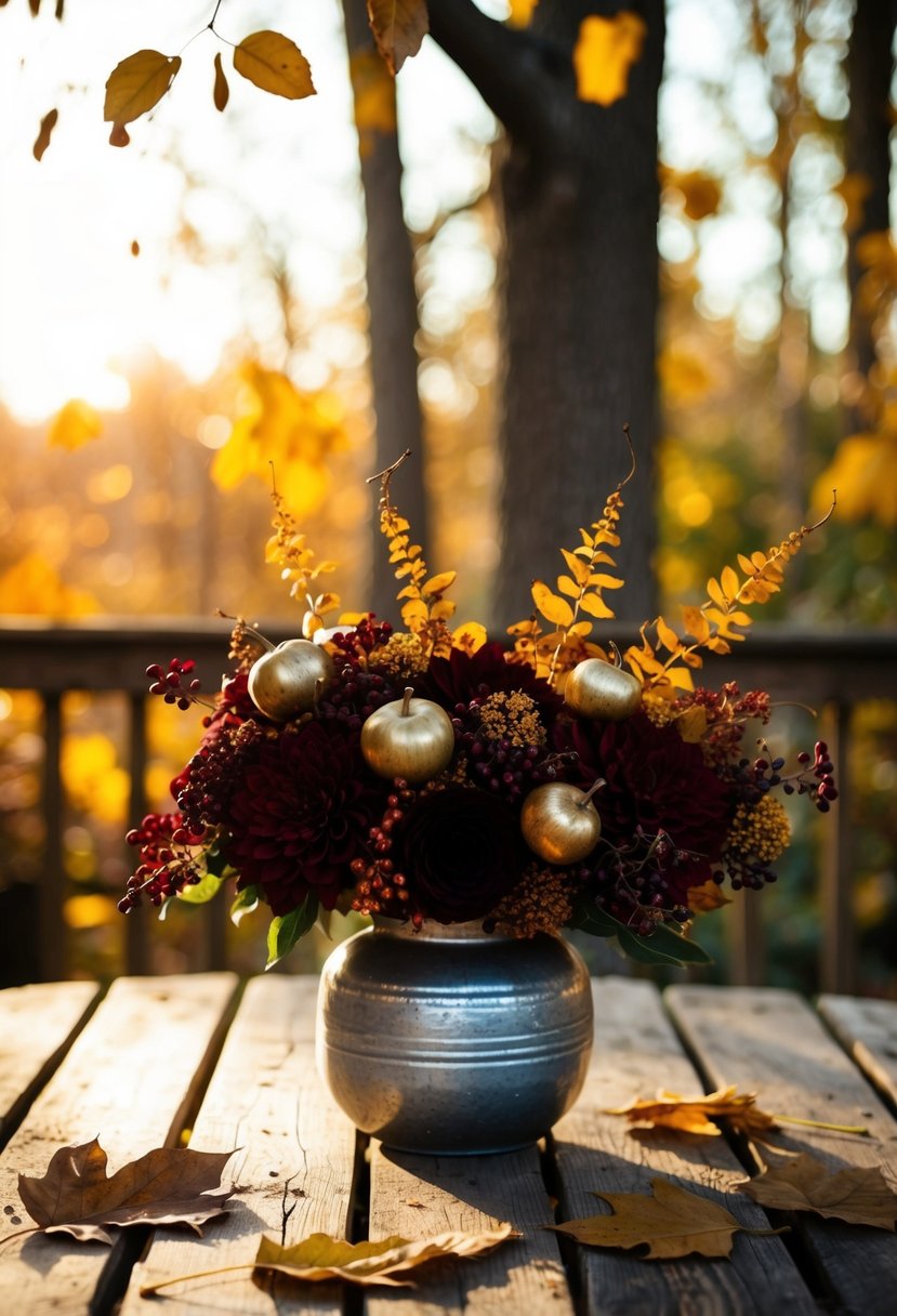 A rustic wooden table adorned with rich maroon and gold autumnal bouquets. Fallen leaves and warm sunlight create a cozy atmosphere