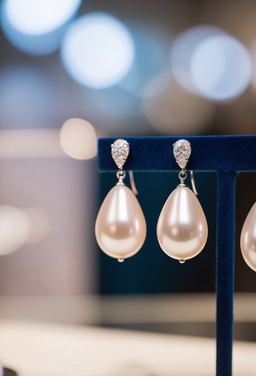 A close-up of elegant teardrop pearl wedding earrings on a velvet display