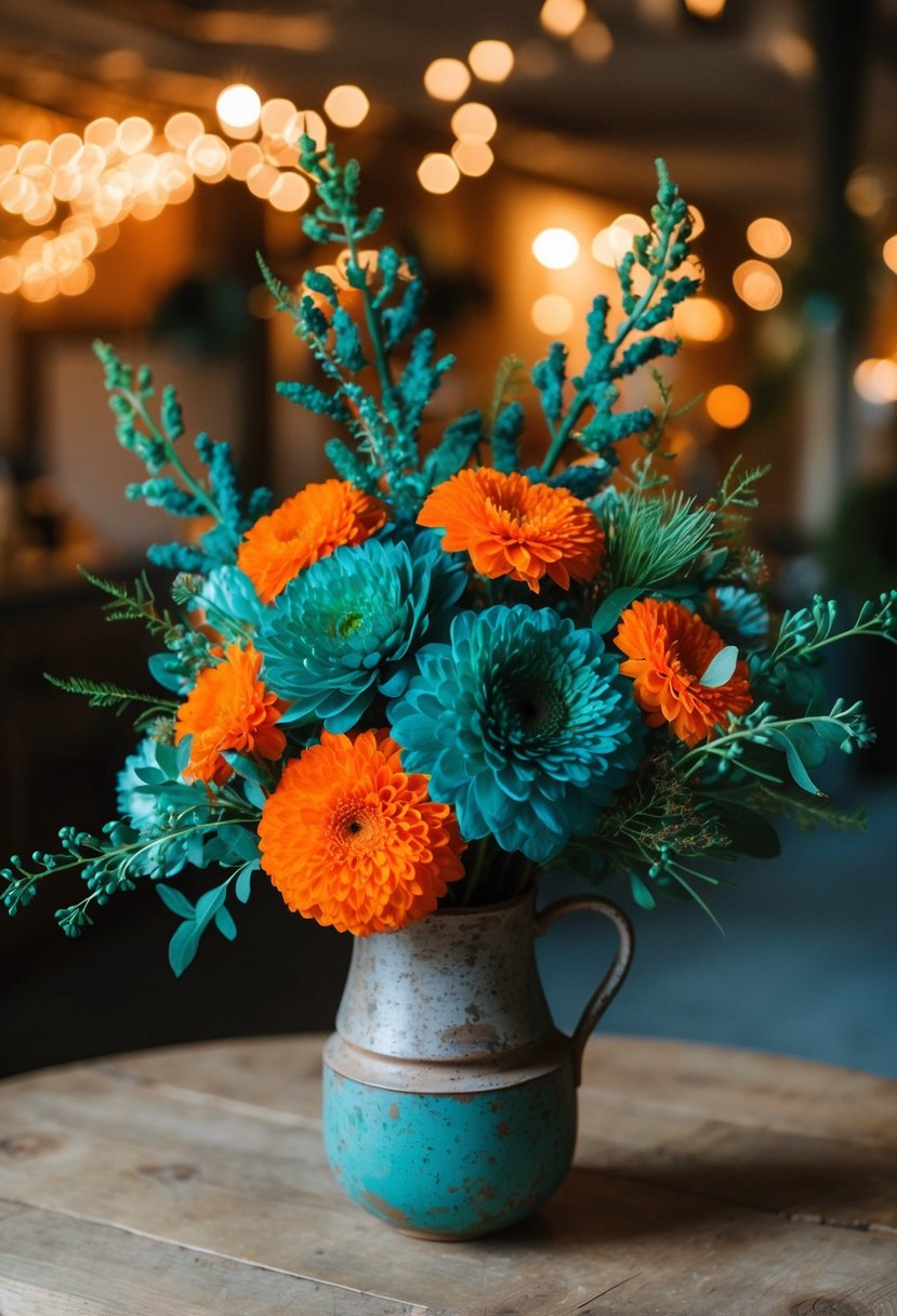 A vibrant orange and teal floral arrangement in a rustic vase