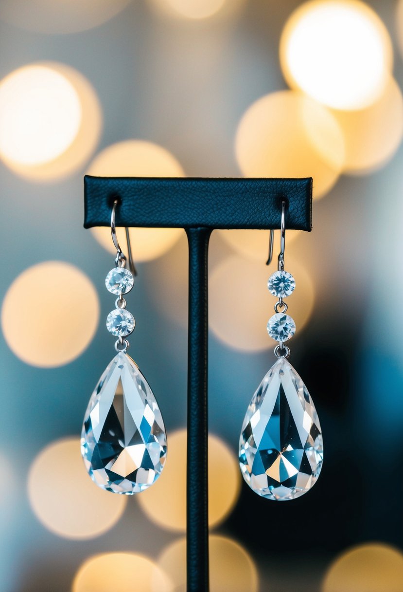 A pair of teardrop earrings with clear crystals, hanging delicately from a display stand, catching the light and sparkling with elegance