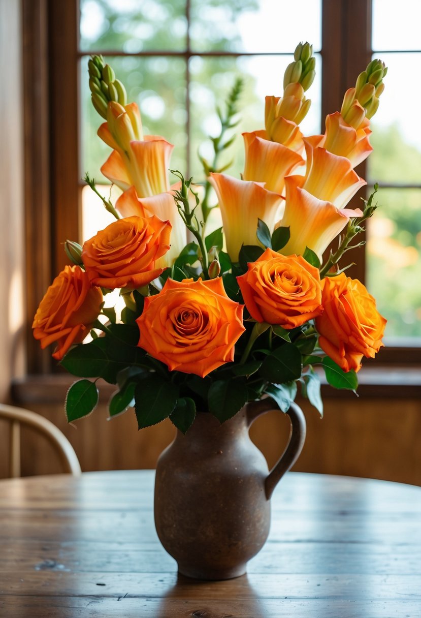 An orange bouquet of roses and gladiolus, arranged in a rustic vase on a wooden table. Sunlight filters through a nearby window, casting a warm glow on the flowers