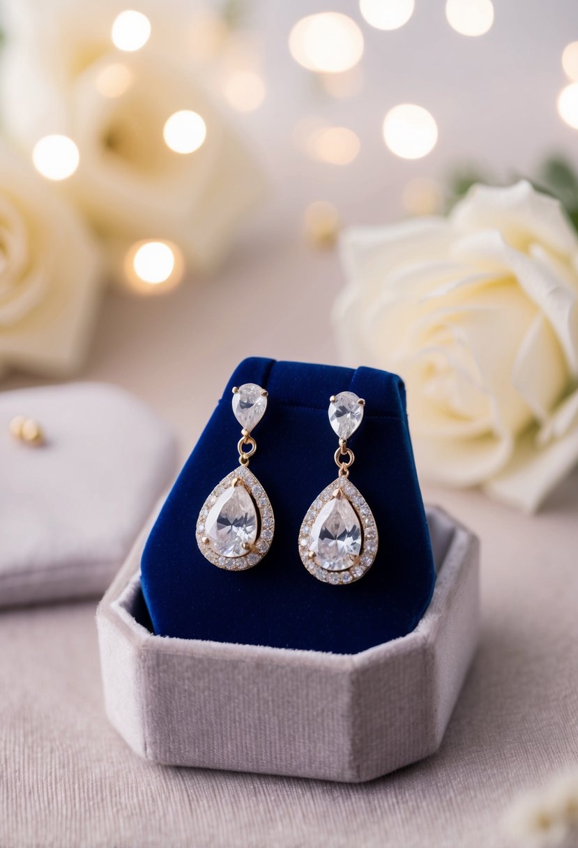 A pair of elegant teardrop earrings with sparkling cubic zirconia stones, displayed on a luxurious velvet cushion against a soft, romantic background