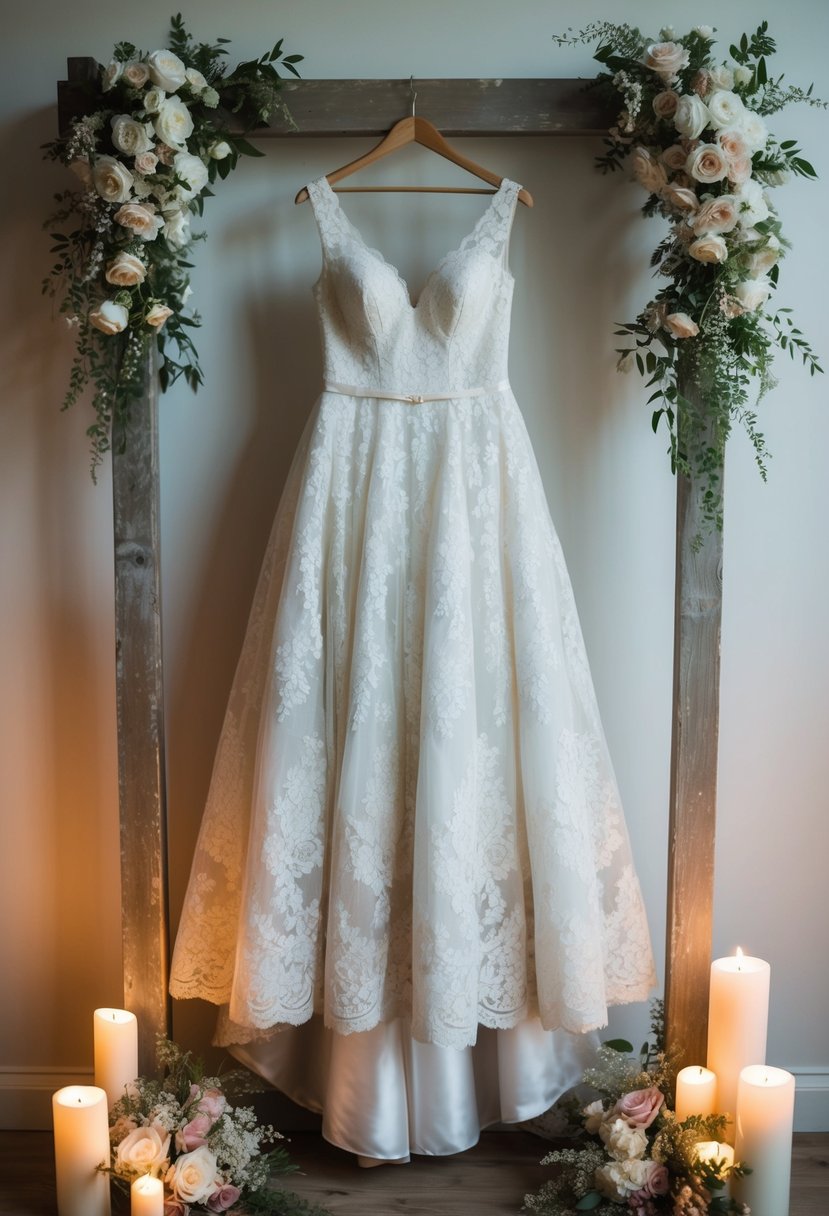 A vintage lace wedding dress hung on a weathered wooden hanger, surrounded by delicate floral bouquets and soft candlelight