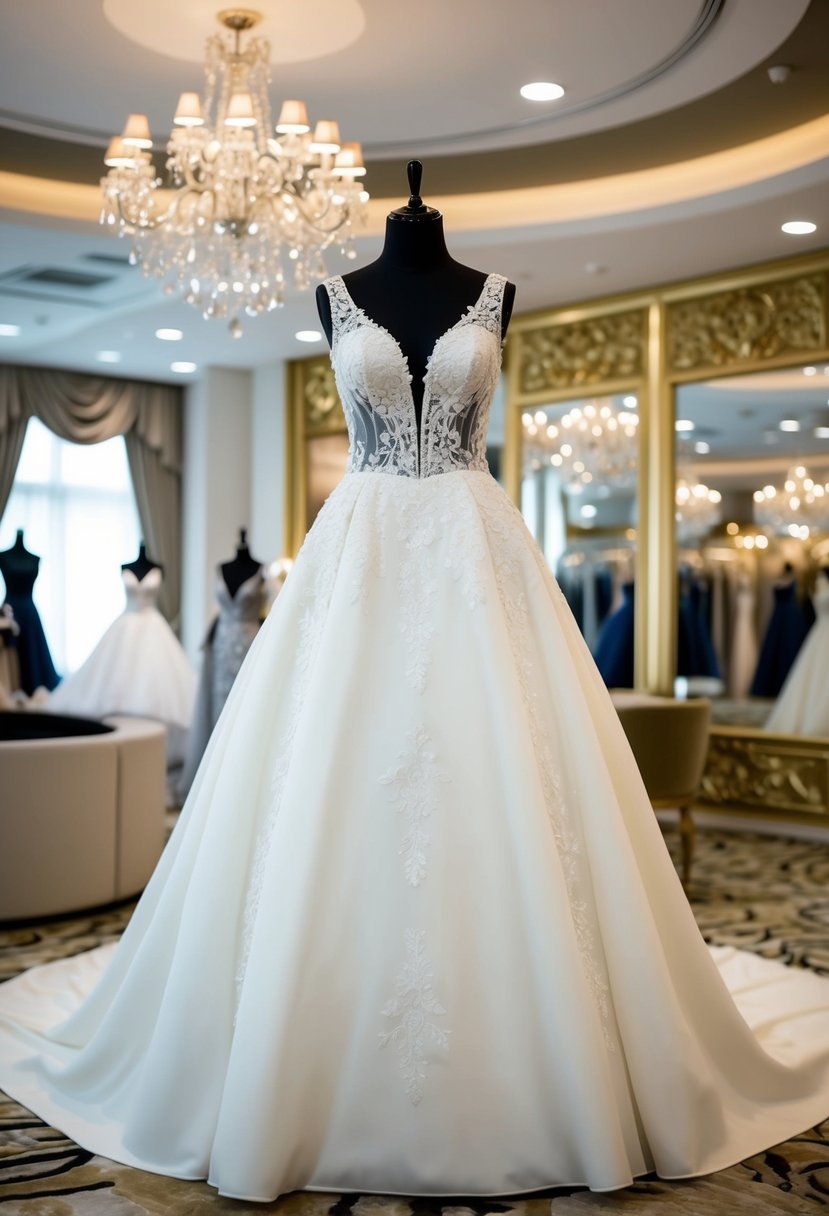 A grand wedding dress displayed on a mannequin in a luxurious bridal boutique