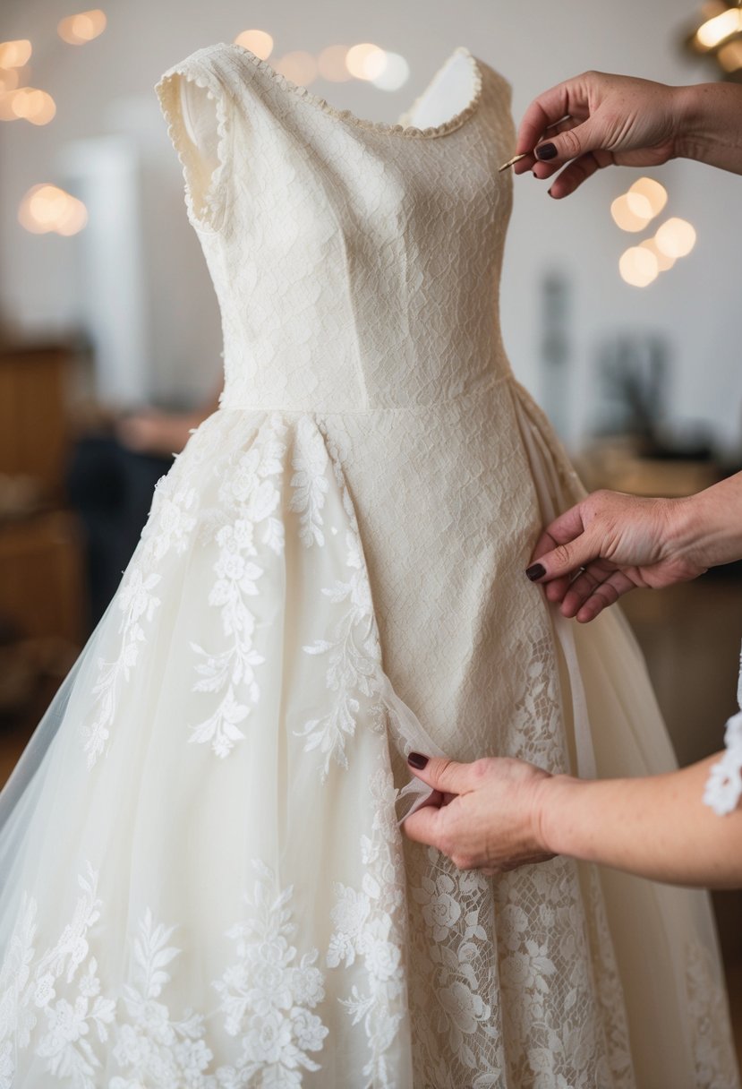 A vintage lace wedding dress being carefully altered into a delicate christening gown