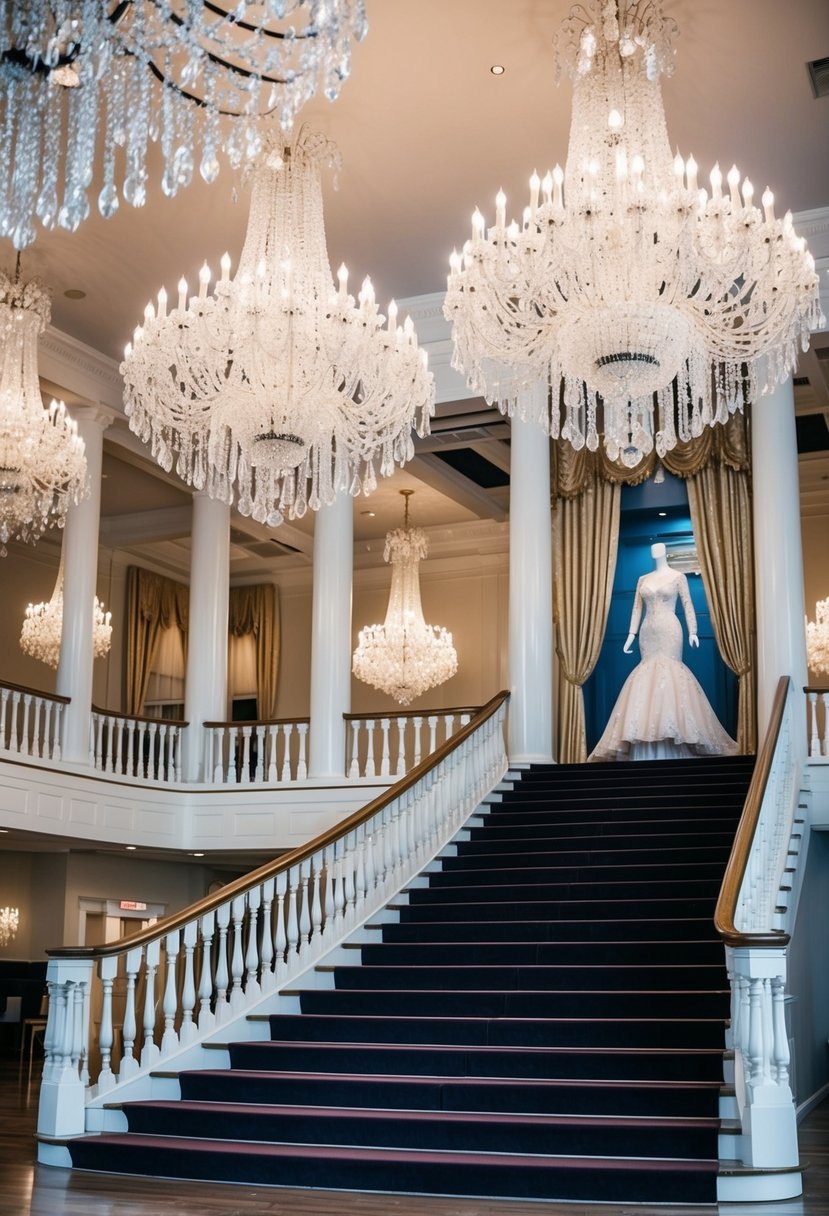 A grand ballroom with cascading crystal chandeliers and a staircase leading to a regal gown on display